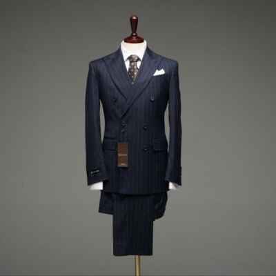 구* 스트라이프 울혼방 나폴리 테일러드 라펠 호스티치 더블 셋업수트